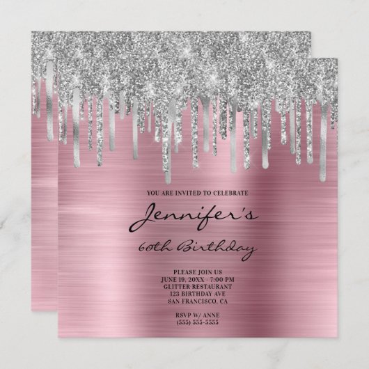Invitation Parties scintillant argent gouttes rose huile 60e  (Devant / Derrière)