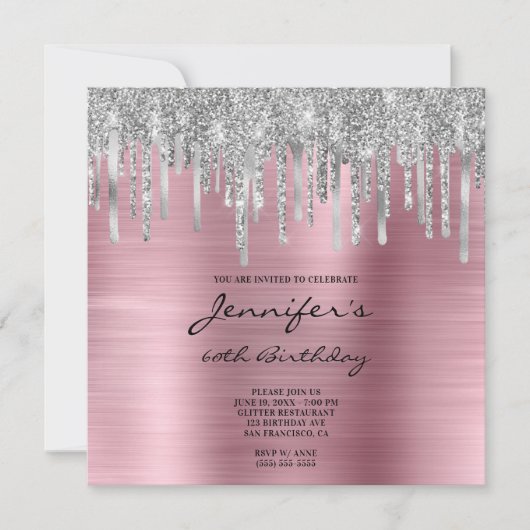 Invitation Parties scintillant argent gouttes rose huile 60e (Devant)