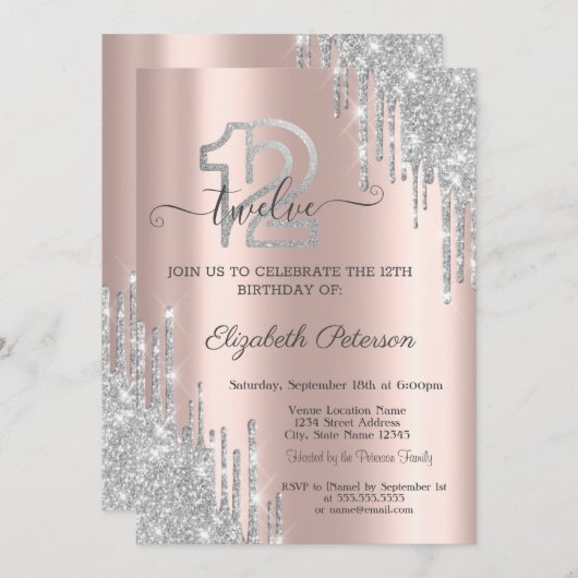 Invitation Parties scintillant argent gouttes Rose or 12e ann (Devant / Derrière)
