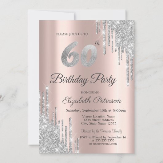 Invitation Parties scintillant argent gouttes Rose or 60e ann (Devant)
