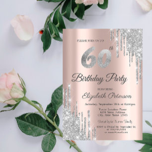 Invitation Parties scintillant argent gouttes Rose or 60e ann