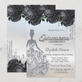 Invitation Parties scintillant argent gouttes Roses noirs dou (Devant / Derrière)