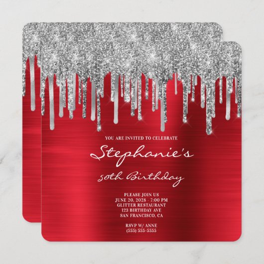 Invitation Parties scintillant argent gouttes rouge huile 50e (Devant / Derrière)