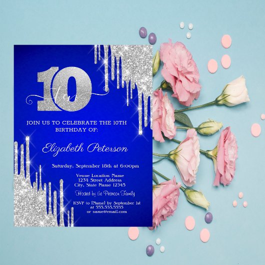 Invitation Parties scintillant argent gouttes Royal Blue 10e