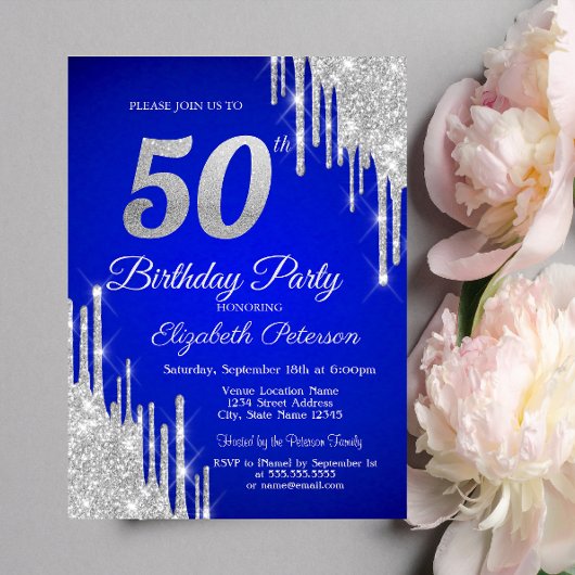 Invitation Parties scintillant argent gouttes Royal Blue 50e