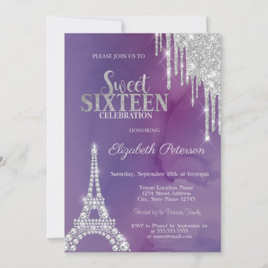 Invitation Parties scintillant argent gouttes Tour Eiffel Vio (Devant)