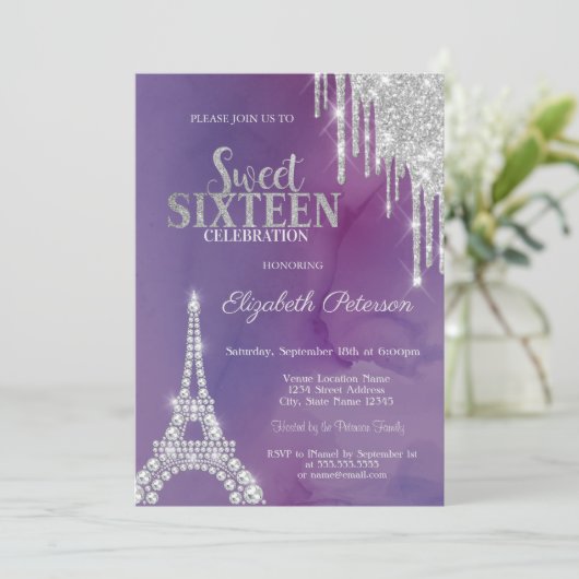 Invitation Parties scintillant argent gouttes Tour Eiffel Vio (Debout devant)