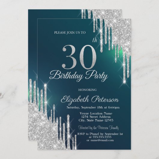Invitation Parties scintillant argent gouttes vert 30e annive (Devant / Derrière)