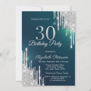 Invitation Parties scintillant argent gouttes vert 30e annive