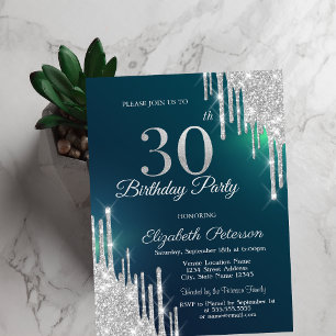 Invitation Parties scintillant argent gouttes vert 30e annive