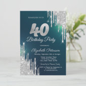 Invitation Parties scintillant argent gouttes vert 40e annive (Debout devant)