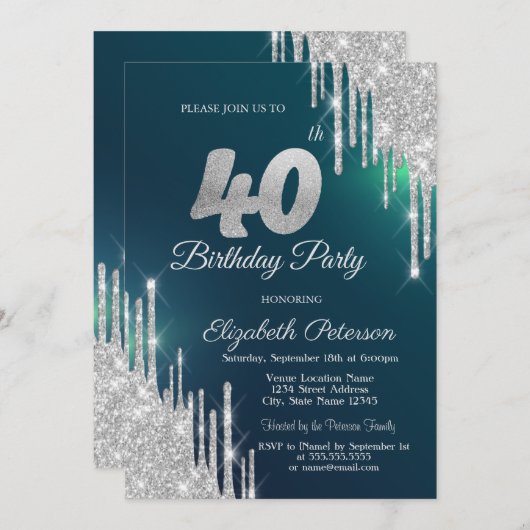 Invitation Parties scintillant argent gouttes vert 40e annive (Devant / Derrière)