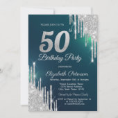 Invitation Parties scintillant argent gouttes vert 50e annive (Devant)