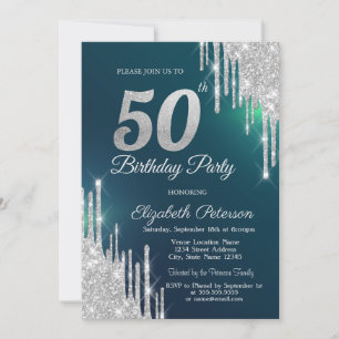 Invitation Parties scintillant argent gouttes vert 50e annive