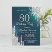 Invitation Parties scintillant argent gouttes vert 80e annive (Debout devant)