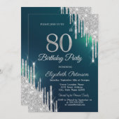 Invitation Parties scintillant argent gouttes vert 80e annive (Devant / Derrière)
