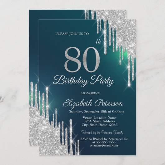 Invitation Parties scintillant argent gouttes vert 80e annive (Devant / Derrière)