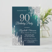 Invitation Parties scintillant argent gouttes vert 90e annive (Debout devant)