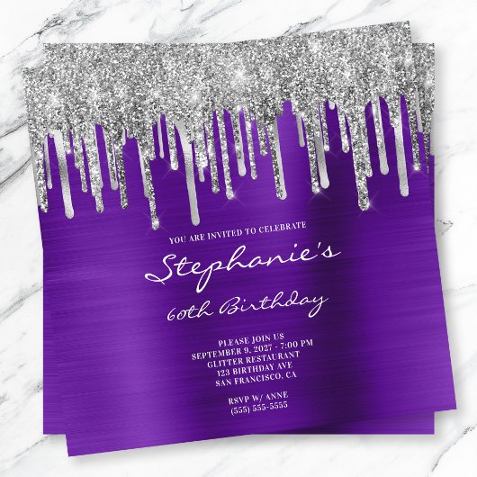 Invitation Parties scintillant argent gouttes violet huile 60