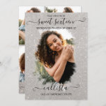 Invitation Parties scintillant argent Halo photo Collage Swee<br><div class="desc">Cette jolie et girly sweet sixteen anniversaire photo collage invitation est parfait pour la fille branchée et élégante. Il est doté d'un halo de brosse à parties scintillant brillant imprimé sur une grande photo de fonction et d'une élégante typographie manuscrite de script cursif. Sur le dos, quatre images personnalisables et...</div>