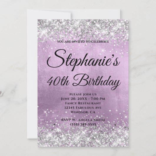 Invitation Parties scintillant Argent Lilac Foil Fancy Monogr (Devant)