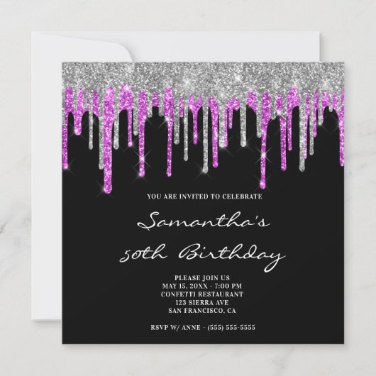 Invitation Parties scintillant Argent Magenta Drips Noir 50e  (Devant)
