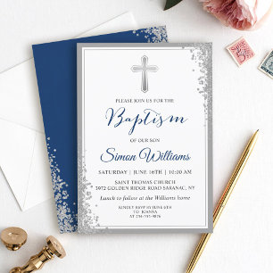 Invitation Parties scintillant Argent Marine Bleu Boy Baptême