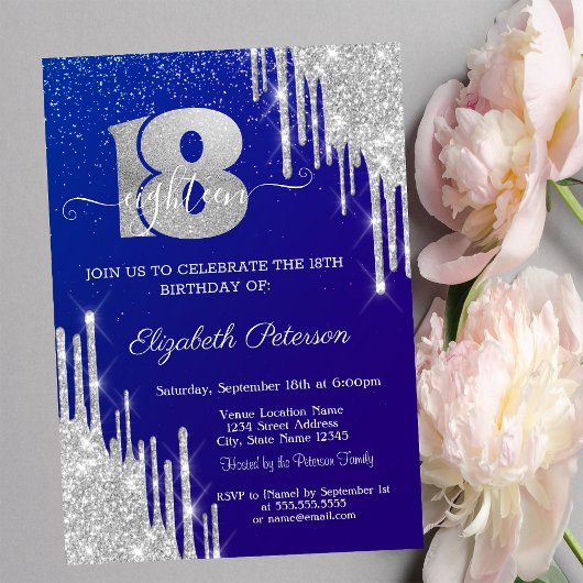 Invitation Parties scintillant argent moderne gouttes Bleu 18