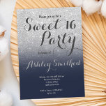 Invitation Parties scintillant argent moderne ombre bleu mari<br><div class="desc">Une douche à parties scintillant moderne, joliment fausse argent ombre avec bloc bleu marine couleur bleu pâle invitation de fête de 16 ans avec motif argent sombre s'estompant sur un arrière - plan bleu marine. Parfait pour un Sweet sixteen princesse, parfait pour elle, la fashionista qui aime motif moderne et...</div>