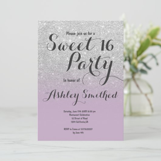Invitation Parties scintillant argent moderne ombre lavande d (Debout devant)