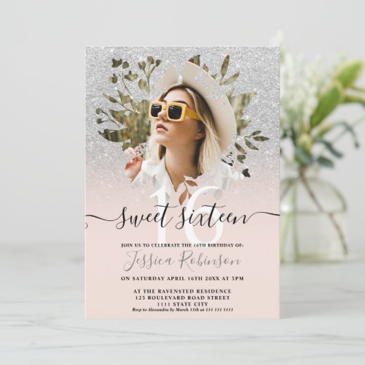 Invitation Parties scintillant argent moderne ombre photo flo (Debout devant)