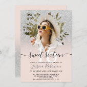 Invitation Parties scintillant argent moderne ombre photo flo (Devant / Derrière)