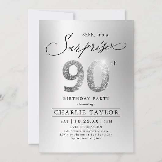 Invitation Parties scintillant argent moderne surprise adulte (Devant)