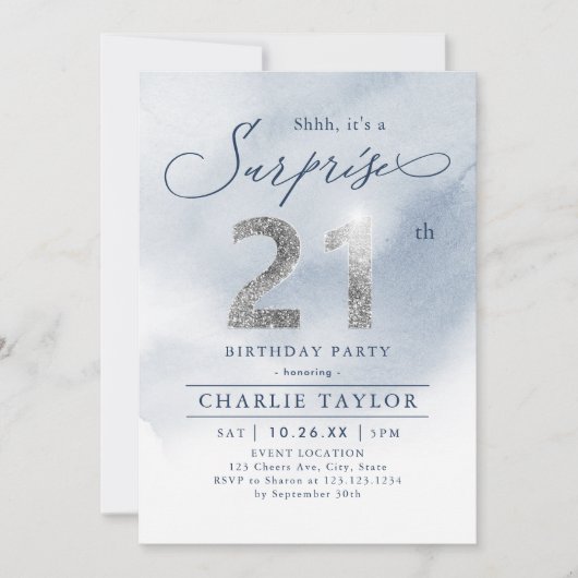 Invitation Parties scintillant argent moderne surprise adulte (Devant)