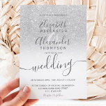 Invitation Parties scintillant argent ombre chic blanc script<br><div class="desc">Parties scintillant gris argenté ombre script chic mariage avec un élégant brillant argenté parties scintillant ombre dégradé sur un blanc éditable avec une calligraphie script élégante et moderne.</div>