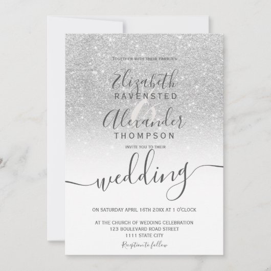 Invitation Parties scintillant argent ombre chic blanc script (Devant)
