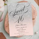 Invitation Parties scintillant argent ombre chic script rose<br><div class="desc">Parties scintillant argent gris glam ombre scintillante élégante Sweet 16 anniversaire fête,  avec une élégante brosse de calligraphie script chic. Ajouter votre photo</div>
