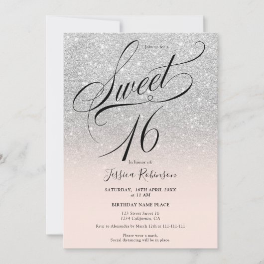Invitation Parties scintillant argent ombre chic script rose  (Devant)