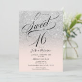 Invitation Parties scintillant argent ombre chic script rose  (Debout devant)