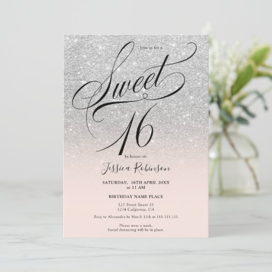Invitation Parties scintillant argent ombre chic script rose  (Debout devant)