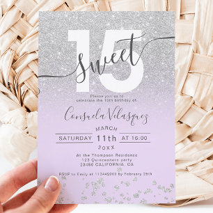 Invitation Parties scintillant argent ombre lavande Quinceane