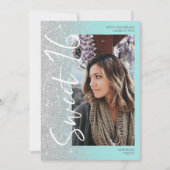 Invitation Parties scintillant argent ombre script turquoise  (Devant)