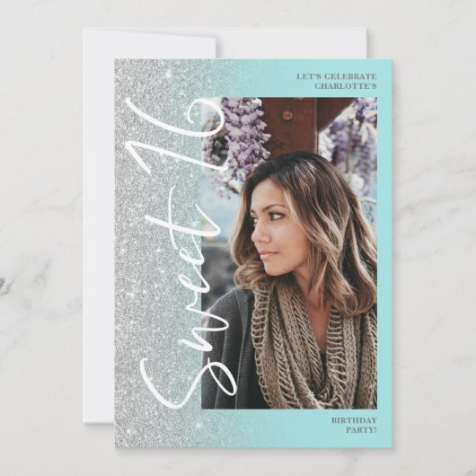 Invitation Parties scintillant argent ombre script turquoise (Devant)