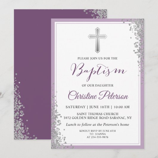 Invitation Parties scintillant Argent Plum Purple Girl Baptêm (Devant / Derrière)