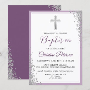 Invitation Parties scintillant Argent Plum Purple Girl Baptêm