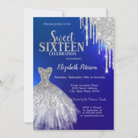 Invitation Parties scintillant Argent, Robe Bleu Doux 16 (Devant)