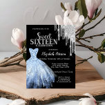Invitation Parties scintillant Argent, Robe Bleue Black Sweet<br><div class="desc">Elégante robe bleue et parties scintillant argent goutte sur un arrière - plan noir.</div>