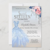 Invitation Parties scintillant Argent, Robe Bleue Fleurs Douc (Devant)