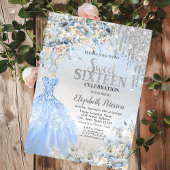 Invitation Parties scintillant Argent, Robe Bleue Fleurs Douc