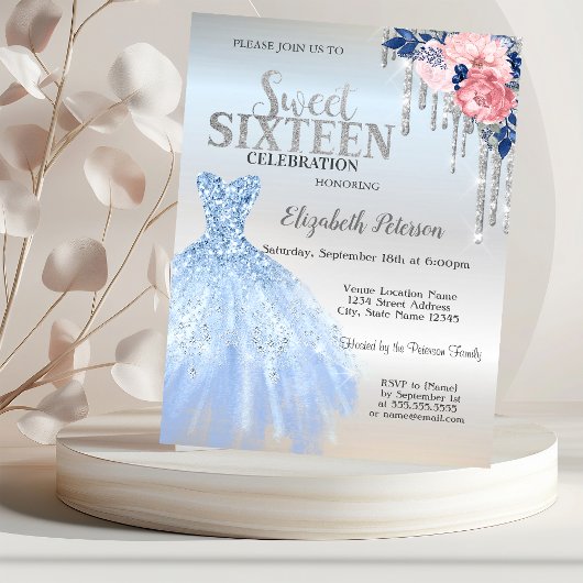 Invitation Parties scintillant Argent, Robe Bleue Fleurs Douc